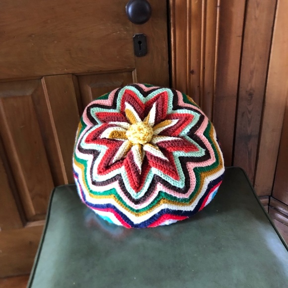 Vtg Hand Knit Multicolour Pouf Pillow - Picture 2 of 14